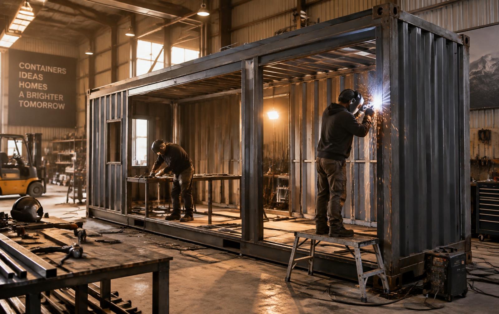 Artisans Enerpass soudant la structure d'un container maritime dans l'atelier de Saint-Jean-de-Védas